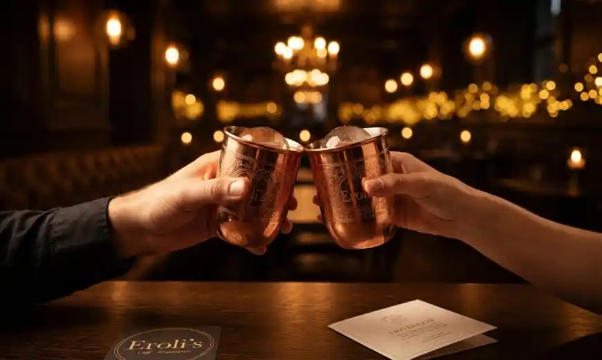 Zwei Personen stoßen mit edlen Bechern auf die Neueröffnung von Eroli's Café Bar Restaurant an