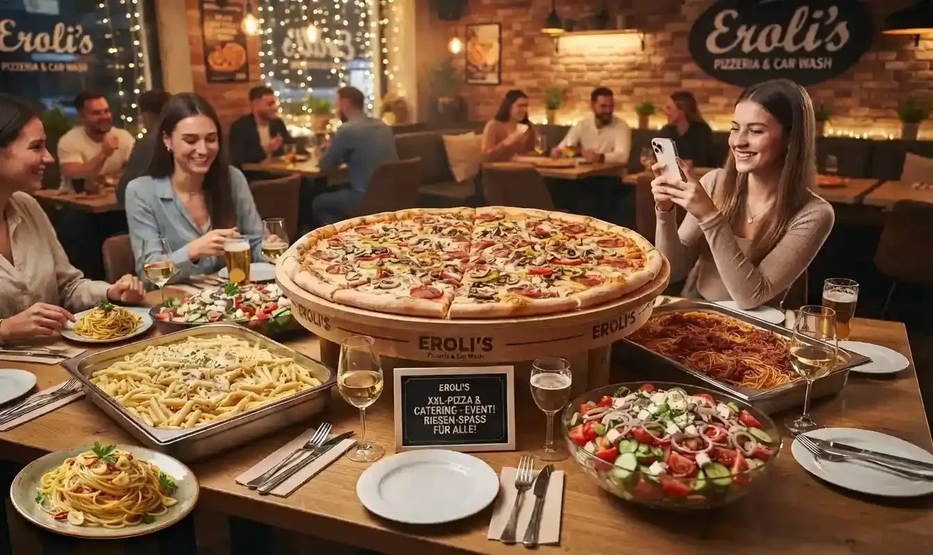 Reichhaltiges Catering-Buffet bei Eroli's Pizzeria & Car Wash mit einer riesigen 90-cm-XXL-Pizza auf einem Holzständer, großen Nudelplatten (Penne und Spaghetti), frischen Salaten und Getränken für ein Event. Gäste sitzen an Tischen und eine Frau fotografiert das Essen.