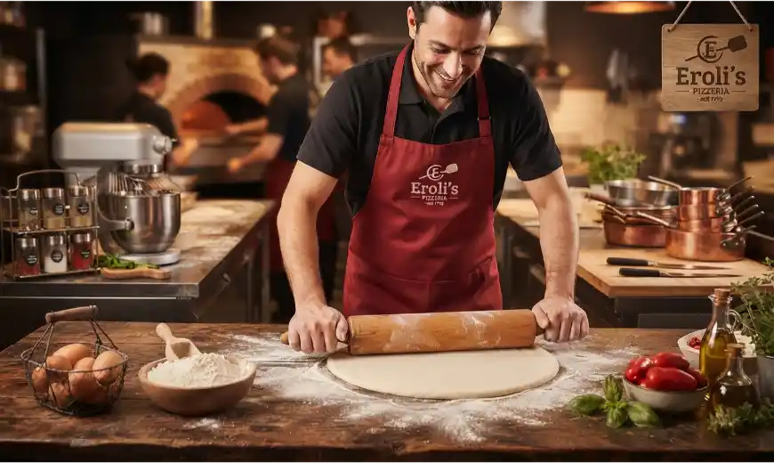 Ein professioneller Pizzeriabäcker vom Eroli's Pizzeria Team in einer roten Schürze bereitet frisch ausgerollten Pizzateig auf einer rustikalen Holztheke in der Küche zu, umgeben von frischen Zutaten wie Tomaten, Mehl und Olivenöl.