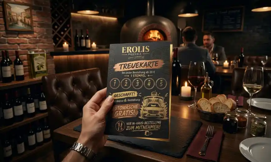 Eroli's Pizzeria Treuekarte mit Stempel-Aktion: Bei jeder Bestellung ab 20 Euro einen Stempel sammeln und bei der 6. Bestellung eine Gratis-Autowäsche erhalten.