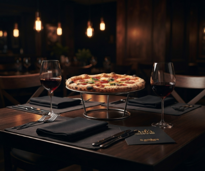„Ein elegant gedeckter, dunkler Holztisch bei Eroli's Pizzeria, mittig eine Pizza auf einem Ständer, flankiert von zwei Gläsern Rotwein, bei stimmungsvoller Beleuchtung.