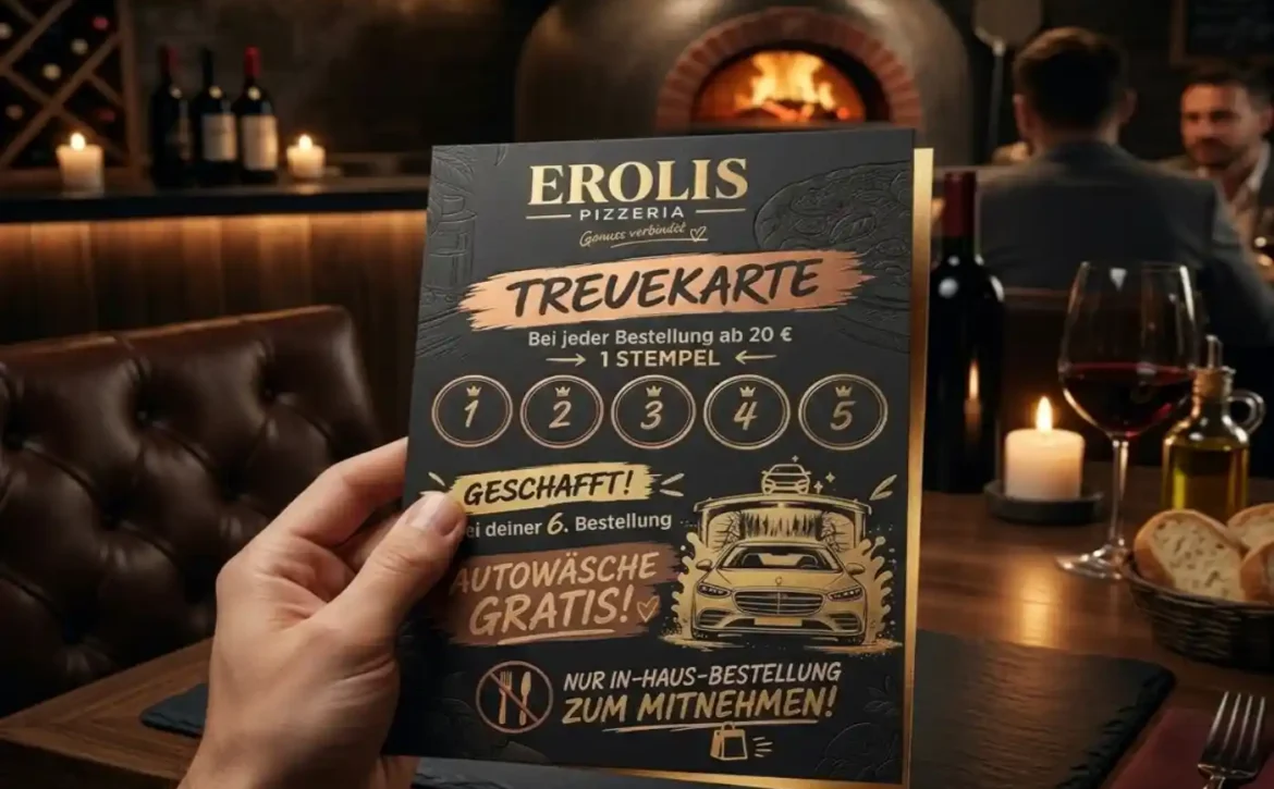 Eroli's Pizzeria Treuekarte – Bei 5 Stempeln ab 20 Euro die 6. Bestellung mit Gratis-Autowäsche