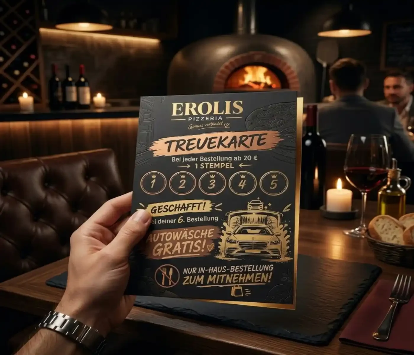 Eroli's Pizzeria Treuekarte – Bei 5 Stempeln ab 20 Euro die 6. Bestellung mit Gratis-Autowäsche