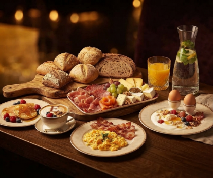 Reichhaltiger und frisch gedeckter Frühstückstisch mit Brötchen, Aufschnitt, Rührei und Kaffee bei Eroli's Café Bar Restaurant
