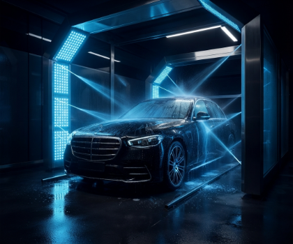 Moderne Autowäsche mit glänzenden blauen Wasserstrahlen, die ein schwarzes Auto in Eroli's Car Wash reinigen.