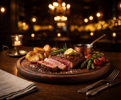 Perfekt gegrilltes Rindersteak auf einem rustikalen Holzbrett mit Beilagen und Kräuterbutter, serviert im warmen Ambiente von Eroli's Café Bar Restaurant