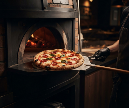 Ofenfrische Pizza wird mit einer Schaufel aus dem heißen Holzofen von Eroli's Pizzeria gezogen.