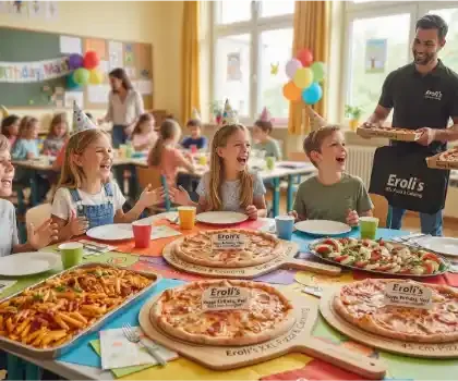 Eroli's Pizza & Catering liefert ein großes Schul-Catering für einen Kindergeburtstag mit drei 45-cm-Pizzen, Nudelplatte und Salat in einer fröhlichen Klassenzimmer-Atmosphäre.