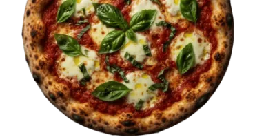 Ausdrucksstarke Food-Fotografie für die Speisekarte von Eroli's Steinofen-Pizzeria: Eine frisch zubereitete, handgemachte Pizza mit geschmolzenem Mozzarella, feiner Tomatensoße und frischem Basilikum vor dunklem Hintergrund